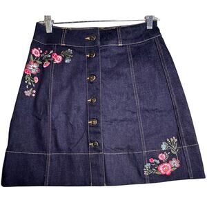 Kate Spade NWT Embroidered Floral A-Line Denim‎ Skirt Sz 2 Western Boho Buttons